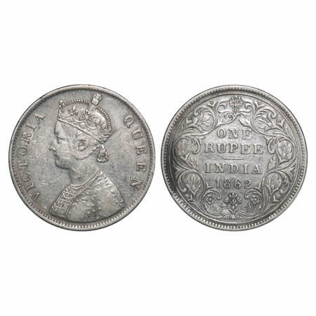 Victoria Queen, Silver, Rupee, 1862, Bombay Mint, B/II(viii), Flower above 'E' of One is t