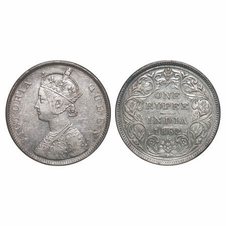 Victoria Queen, Silver, Rupee, 1862, Bombay Mint, B/II(viii), Flower above 'E' of One is t