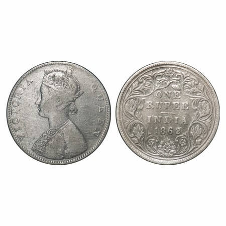 Victoria Queen, Silver, Rupee, 1862, Bombay Mint, D/II, The Queens jabot has 5 panels, Thi