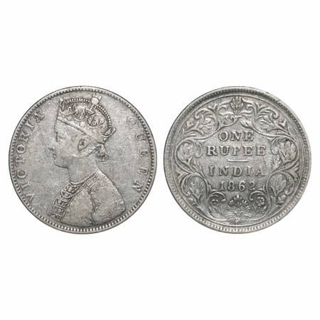 Victoria Queen, Silver, Rupee, 1862, Bombay Mint, D/II, The Queens jabot has 5 panels, The