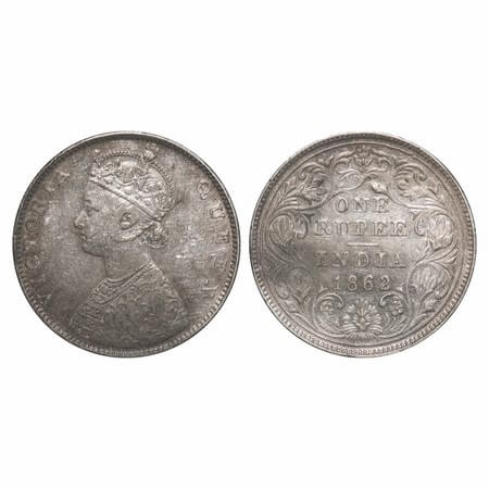 Victoria Queen, Silver, Rupee, 1862, Bombay Mint, D/II, The Queen's jabot has 5 panels, Th