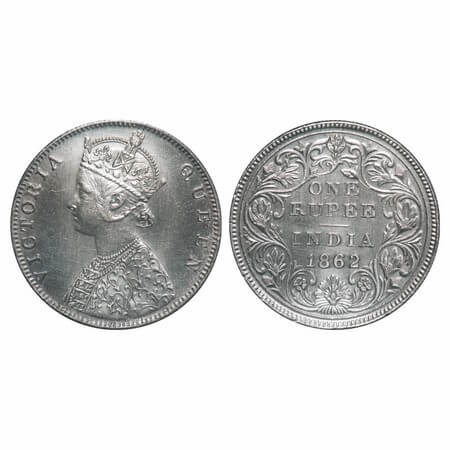 Victoria Queen, Silver, Rupee, 1862, Bombay Mint, D/II, The Queens jabot has 5 panels, The
