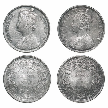 Victoria Queen, Silver, Rupee, (2 coins), 1862, Bombay Mint, 1) B/II/1/0, 2) B/II/2/0. F. 