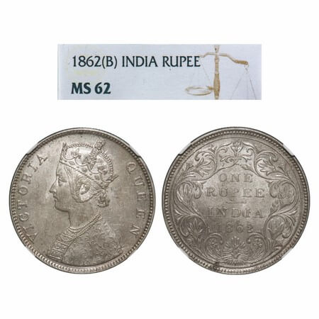 Victoria Queen, Silver, Rupee, 1862, Bombay Mint, B/II/2/0. F. Prid 71. GK 287. NGC Slabbe