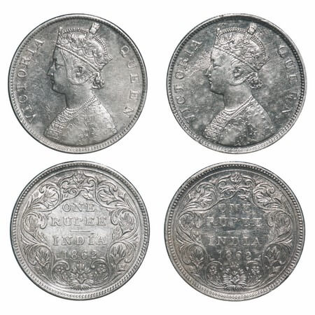 Victoria Queen, Silver, Rupee, (2 coins), 1862, Bombay Mint, 1) B/II/0/3, 2) B/II/0/4. F. 