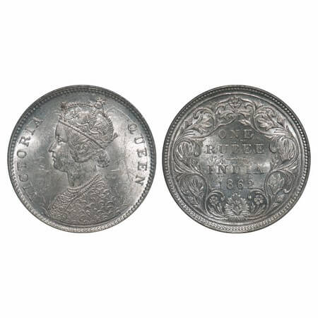 Victoria Queen, Silver, Rupee, 1862, Bombay Mint, A/II/0/4, w/o initial 'J'. F. Prid 79. G