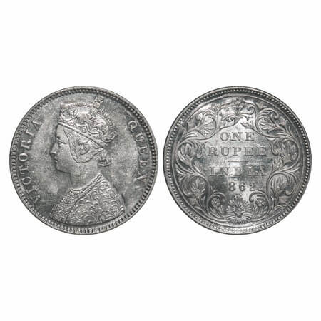 Victoria Queen, Silver, Rupee, 1862, Bombay Mint, A/II/0/4, w/o initial 'J', 4 uneven dots