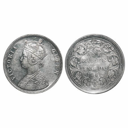 Victoria Queen, Silver, Rupee, 1862, Bombay Mint, A/II/0/4, w/o initial 'J'. F. Prid 79. G