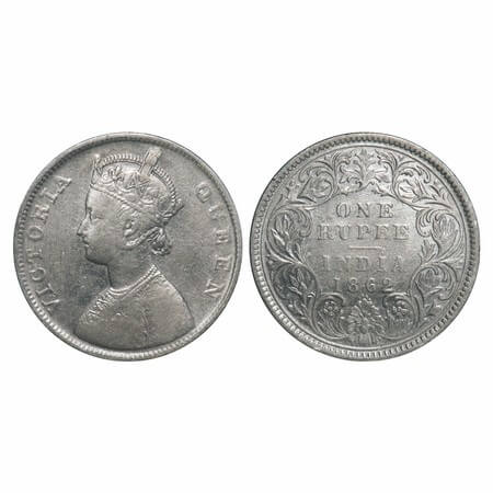 Victoria Queen, Silver, Rupee, 1862, Bombay Mint, B/I/0/4, Elongated Pearls on the Crown. 