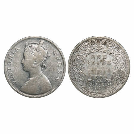 Victoria Queen, Silver, Rupee, 1862, Bombay Mint, B/I/0/4, Elongated Pearls on the Crown. 