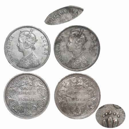 Victoria Queen, Silver, Rupee, (2 coins), 1862, Bombay Mint, 1) A/II/0/5, Broken 'D' in In