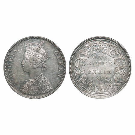 Victoria Queen, Silver, Rupee, 1862, Bombay Mint, A/II/0/10, w/o initial 'J'. F. Prid 93. 