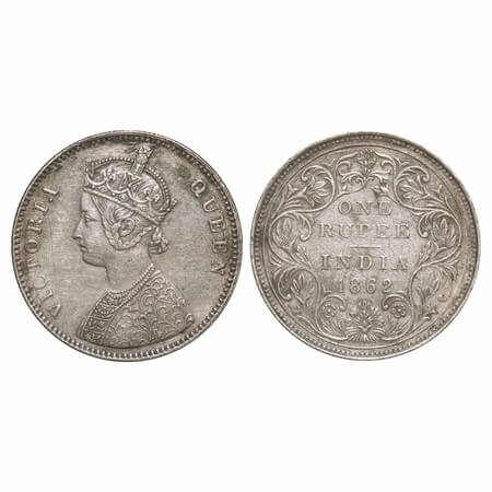 Victoria Queen, Silver, Rupee, 1862, Bombay Mint, A/II/0/10, w/o initial 'J'. F. Prid 93. 