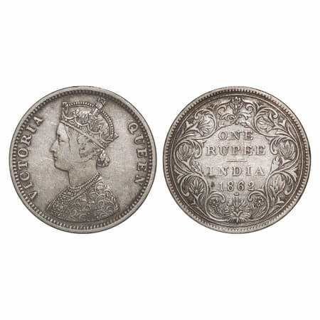 Victoria Queen, Silver, Rupee, 1862, Bombay Mint, C/II/1/2, Dots at the bottom flower are 