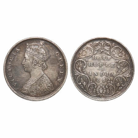Victoria Queen, Silver, Half Rupee, 1862, Bombay Mint, B1/II, Round Pearls, 5 petals flowe