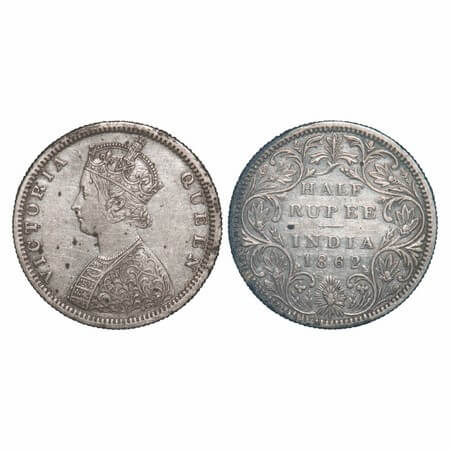 Victoria Queen, Silver, Half Rupee, 1862, Madras Mint, B2/II, Elongated Pearls, Five petal