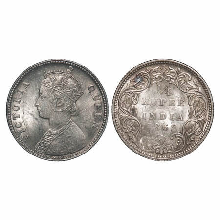 Victoria Queen, Silver, 1/4 Rupee, 1862, Calcutta Mint, A/I, The Queen's jabot has 4 compl