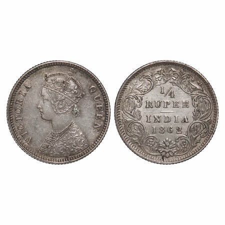 Victoria Queen, Silver, 1/4 Rupee, 1862, Calcutta Mint, A/I, The Queen's jabot has 4 compl