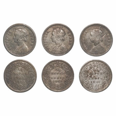 Victoria Queen, Silver, 1/4 Rupee, (3 coins), 1) 1862, Calcutta Mint, A/I, 2) 1875, Bombay