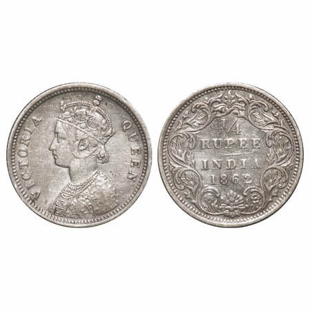Victoria Queen, Silver, 1/4 Rupee, 1862, Bombay Mint, A/I. F. Prid 377. GK 377. Extremely 