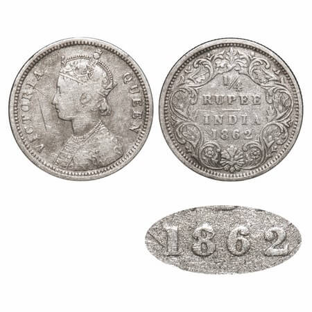Victoria Queen, Silver, 1/4 Rupee, 1862, Madras Mint, A/I, Error, 1st letter 'I' in Victor