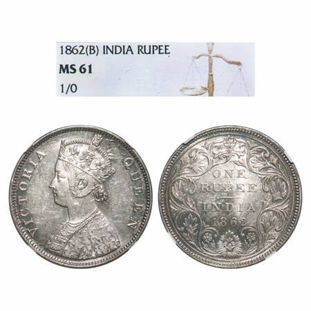 Victoria Queen, Silver, 2 Annas, 1862, Bombay Mint, B/II/1/0. F. Prid 69. GK 286. NGC Slab