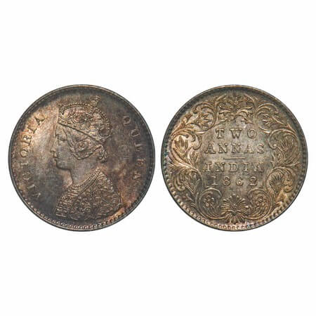Victoria Queen, Silver, 2 Annas, 1862, Calcutta Mint, A/I, Bottom flower centre top petal 