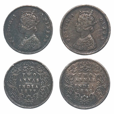Victoria Queen & Empress, Silver, 2 Annas, (2 coins), 1) 1862, Calcutta Mint, A/I, Bottom 