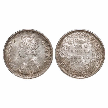 Victoria Queen, Silver, 2 Annas, 1862, Bombay Mint, A/I, Bottom flower centre top petal br