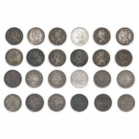 Victoria Queen & Empress, Silver, 2 Annas, (Lot of 12 coins), 1) 1862, Bombay Mint, A/I, B