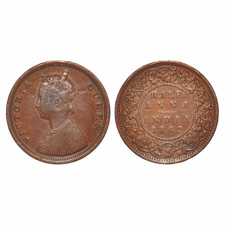 Victoria Queen, Copper, Half Anna, 1862, Calcutta Mint, A/II, The Queen's jabot has 4 & 1/