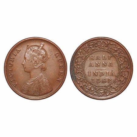 Victoria Queen, Copper, Half Anna, 1862, Madras Mint, A/I, Smugged type flowers, The Queen