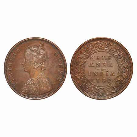 Victoria Queen, Copper, Half Anna, 1862, Madras Mint, A/I(i), Flowers with 5 dots around a