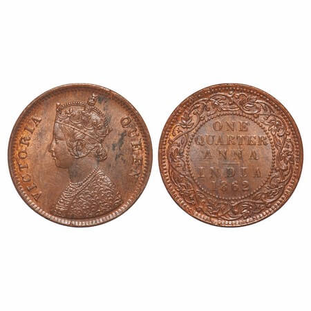 Victoria Queen, Copper, Quarter Anna, 1862, Bombay Mint, A/I, Tiny V incused, No mint mark