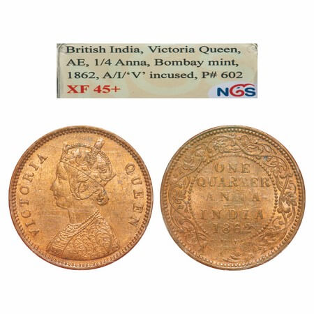 Victoria Queen, Copper, Quarter Anna, 1862, Bombay Mint, A/I, Tiny V incused, No mint mark