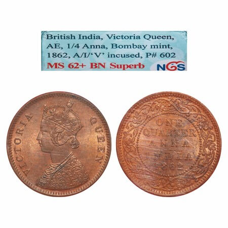 Victoria Queen, Copper, Quarter Anna, 1862, Bombay Mint, A/I, No mint mark, Tiny V incused