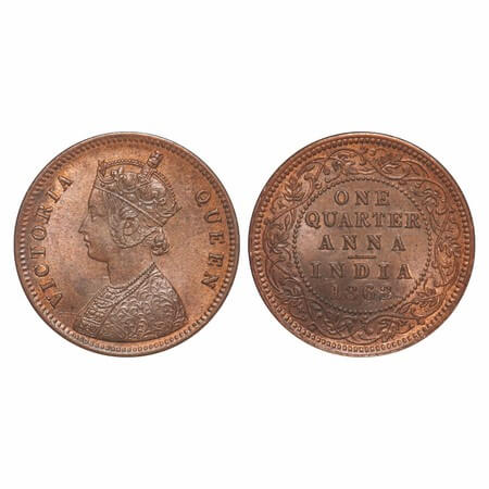 Victoria Queen, Copper, Quarter Anna, 1862, Madras Mint, A/I, No mint mark, No privy mark,