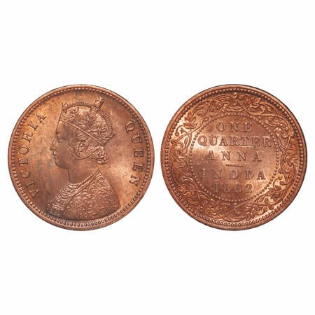 Victoria Queen, Copper, Quarter Anna, 1862, Madras Mint, A/I, No mint mark, No privy mark,