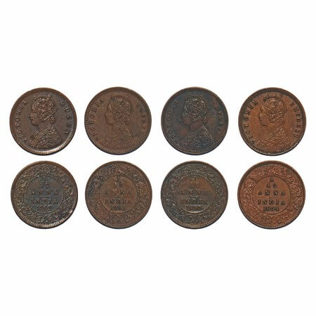 Victoria Queen & Empress, Copper, 1/12 Anna, (4 coins), 1) 1862, Calcutta Mint, A/I, 2) 18