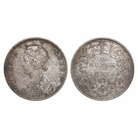 Victoria Queen, Silver, Rupee, 1874, Bombay Mint, C1/II, No dot, Mechanical die doubling o