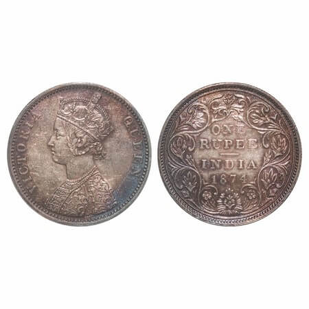 Victoria Queen, Silver, Rupee, 1874, Bombay Mint, A2/II, No dot, Normal numeral 4. F. Prid