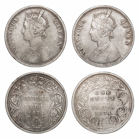 Victoria Queen, Silver, Rupee, (2 coins), 1874, 1) Bombay Mint, A2/II, No dot, Normal nume