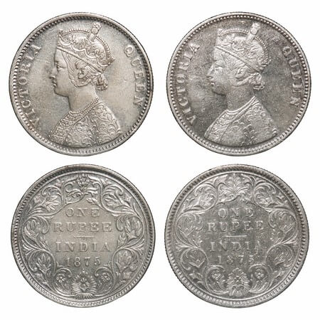 Victoria Queen, Silver, Rupee, (2 coins), 1875, 1) Bombay Mint, A2/II, Dot, Top stroke of