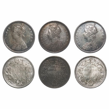 Victoria Queen, Silver, Rupee, (3 coins), 1976, 1) Bombay Mint, A2/II, Dot, 2) Bombay Mint