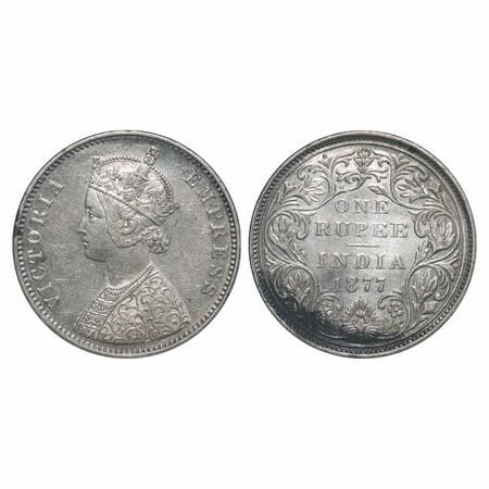 Victoria Empress, Silver, Rupee, 1877, Bombay Mint, A2/II, Dot, The Queen's jabot has 3 & 