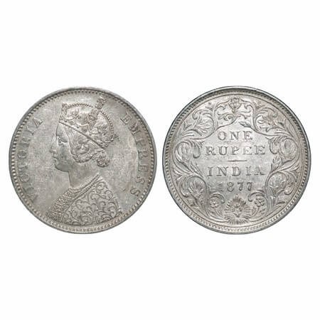 Victoria Empress, Silver, Rupee, 1877, Bombay Mint, A2/II, Dot. F. Prid 149. GK 435. About