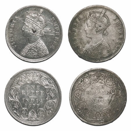 Victoria Empress, Silver, Rupee, (2 coins), 1877, 1) Bombay Mint, A3/II, Dot, 2) Calcutta 