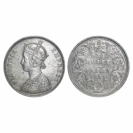 Victoria Empress, Silver, Rupee, 1877, Bombay Mint, A3/II(i), Dot, Thin numeral 77, Large 