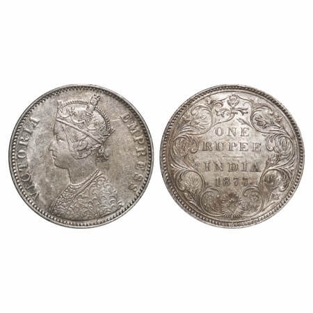 Victoria Empress, Silver, Rupee, 1877, Bombay Mint, A3/II(i), Dot, Thin numeral 77, The Qu