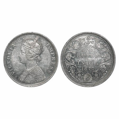 Victoria Empress, Silver, Rupee, 1877, Bombay Mint, A3/II(i), Dot, Thin numeral 77. F. Pri